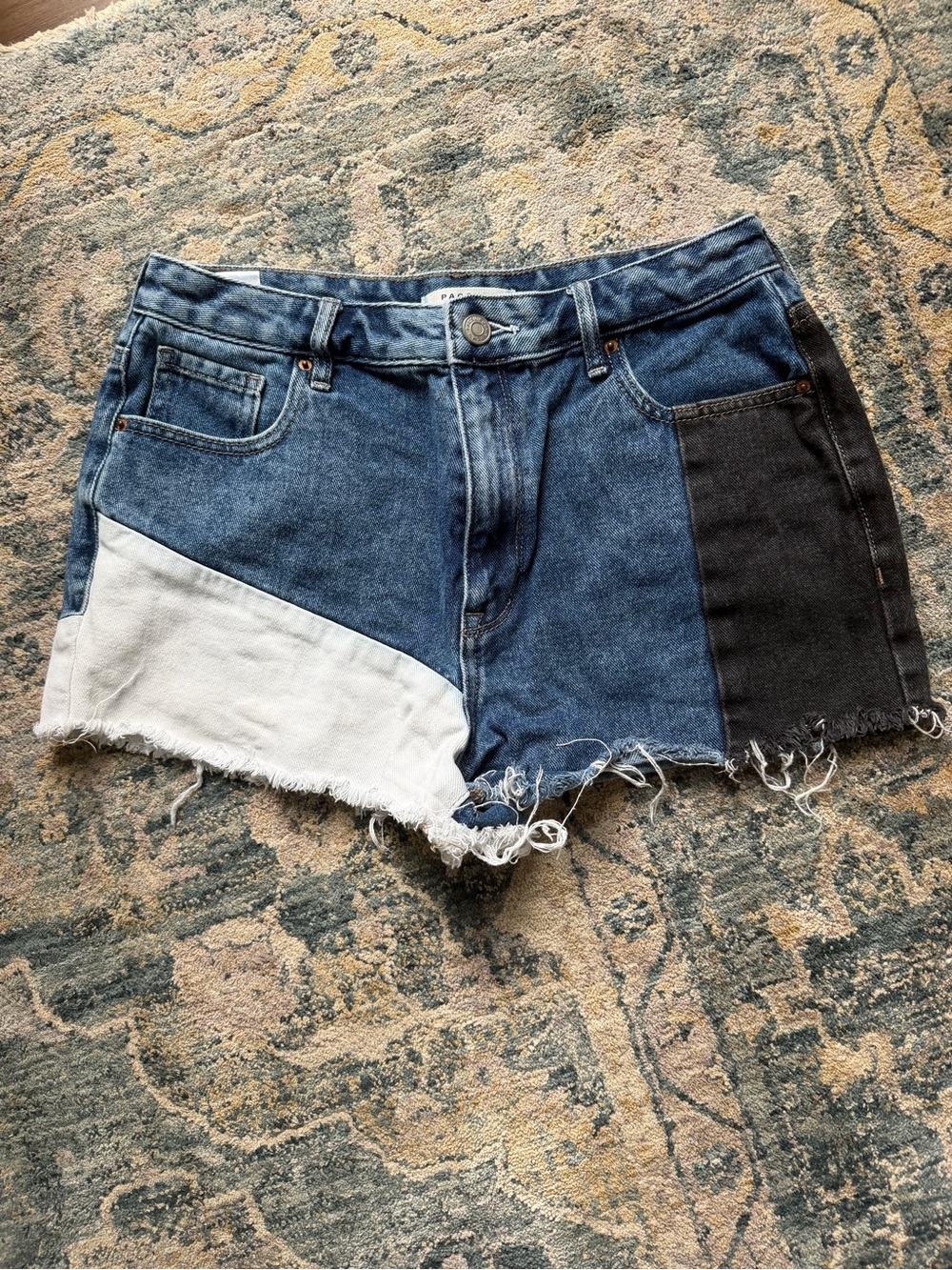 PacSun Patchwork Denim Cutoff Shorts - Blue/White/Black